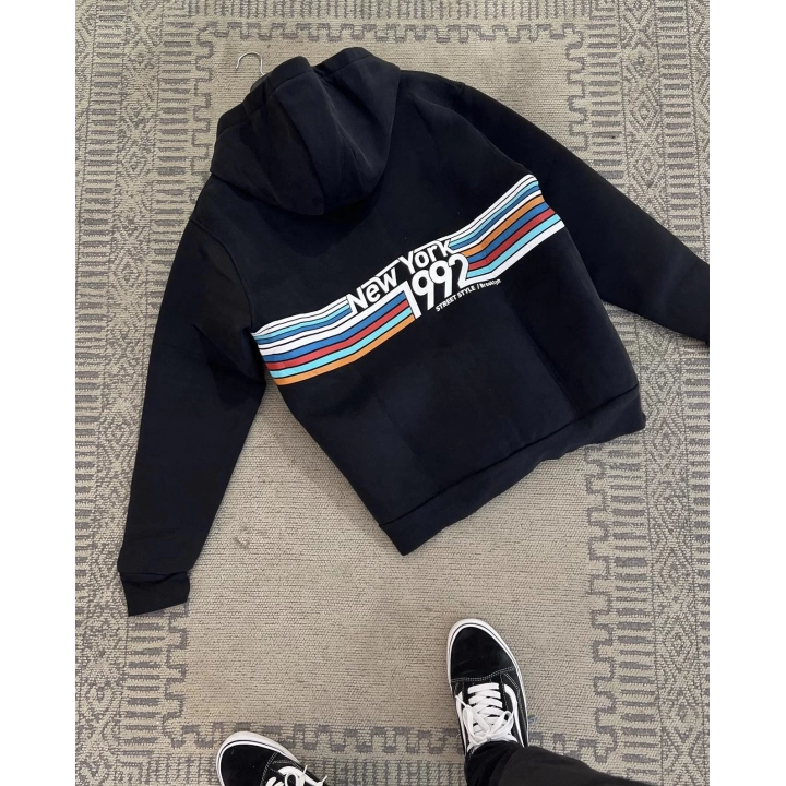 Sırt Baskılı Oversize Siyah Kapüşonlu Sweatshirt