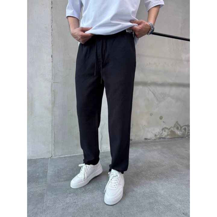Siyah Pamuklu Keten Pantalon