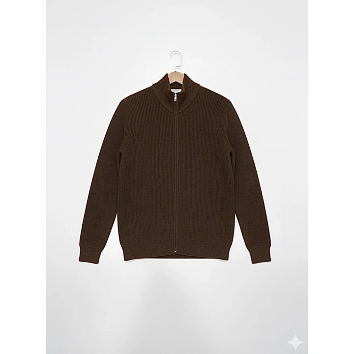 Yün Karışımlı Fermuarlı Kahve Hırka