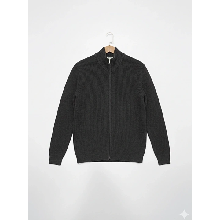 Yün Karışımlı Fermuarlı Koyu Gri Hırka