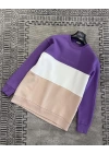 Parçalı Mor Beyaz Bej Üç İplik Sweatshirt