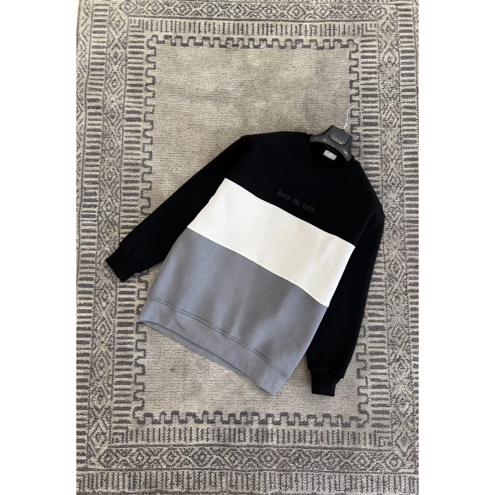 Parçalı Siyah Beyaz Gri Üç İplik Sweatshirt