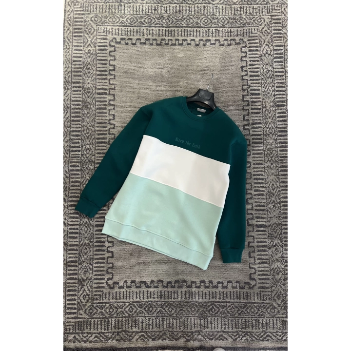 Parçalı Yeşil Beyaz Su Yeşili Üç İplik Sweatshirt