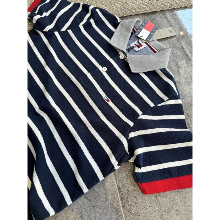 Tommy Hilfiger Lacivert Beyaz Çizgi Polo Yaka