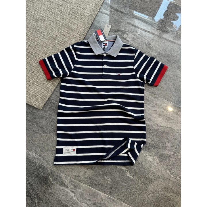 Tommy Hilfiger Lacivert Beyaz Çizgi Polo Yaka