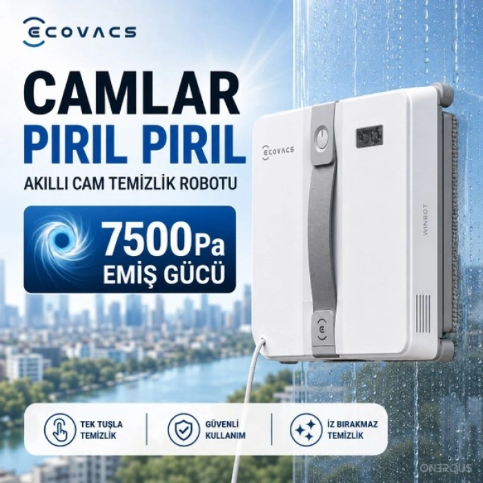 Ecovacs Istasyonlu Akıllı Cam Silme Robotu Kendinden Bataryalı Kablosuz Otomatik Pencere Temizleyici Yüksek Vakumlu Makine