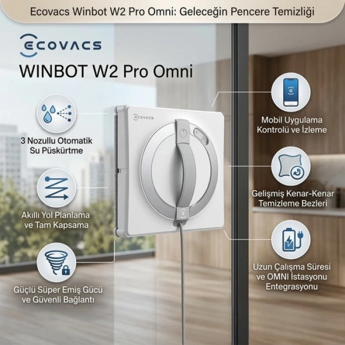 Ecovacs 7500PA Güçlü Emişli 4 Temizlik Modu ve Kaymaz Güvenlik Sistemli Mini Cam Silme Robotu, Çift Nozullu
