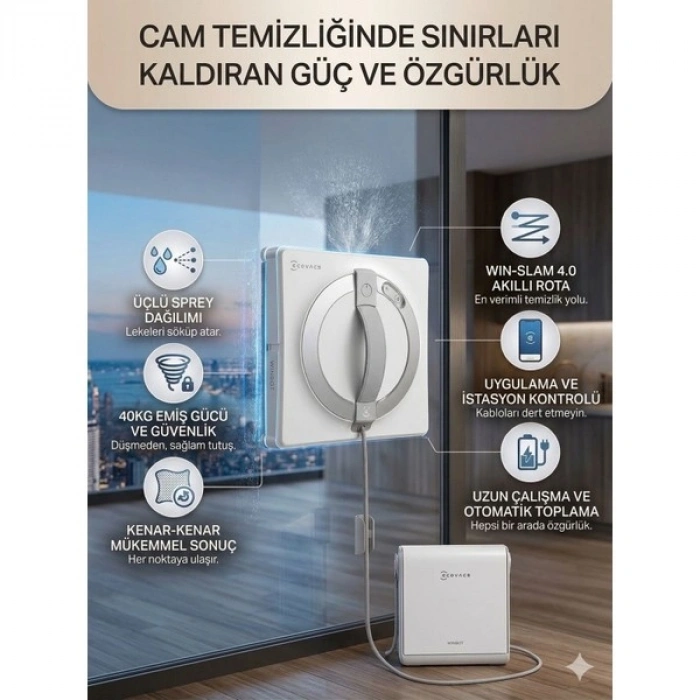 Ecovacs Wınbot Çerçevesiz Camlar Için Uygun, Bataryalı Taşınabilir Istasyonlu ve Islak Mop Destekli Profesyonel Otomatik Cam Silme Robotu - Beyaz