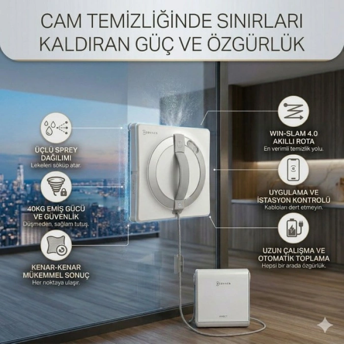 Ecovacs Wınbot Çerçevesiz Camlar Için Uygun, Bataryalı Taşınabilir Istasyonlu ve Islak Mop Destekli Profesyonel Otomatik Cam Silme Robotu - Beyaz