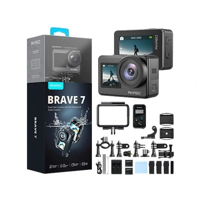 AKASO Brave 7 4K/30FPS 20MP, App Kontrollü, IPX8, Wi-Fi Dual Screen Aksiyon Kamera ve Aksesuar Seti