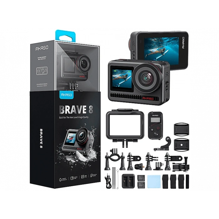 AKASO Brave 8 4K/60FPS 48MP, App Kontrollü, IPX8 Wi-Fi Dual Screen Aksiyon Kamera ve Aksesuar Seti