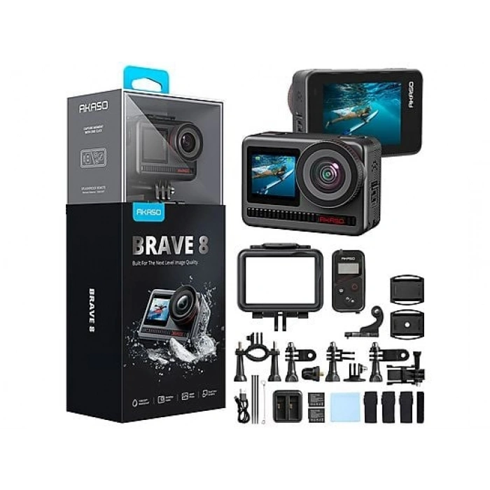 AKASO Brave 8 4K/60FPS 48MP, App Kontrollü, IPX8 Wi-Fi Dual Screen Aksiyon Kamera ve Aksesuar Seti