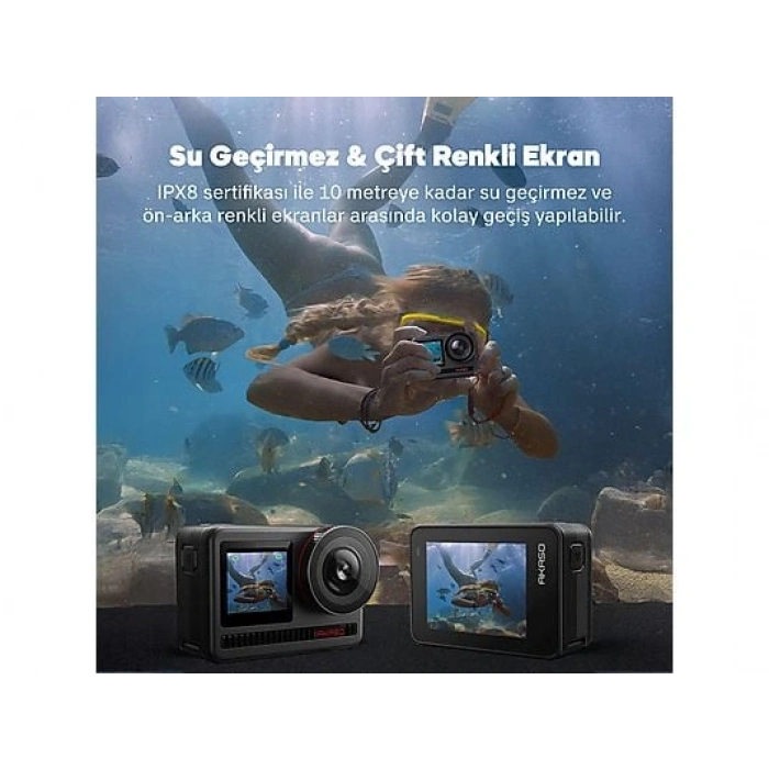 AKASO Brave 8 4K/60FPS 48MP, App Kontrollü, IPX8 Wi-Fi Dual Screen Aksiyon Kamera ve Aksesuar Seti