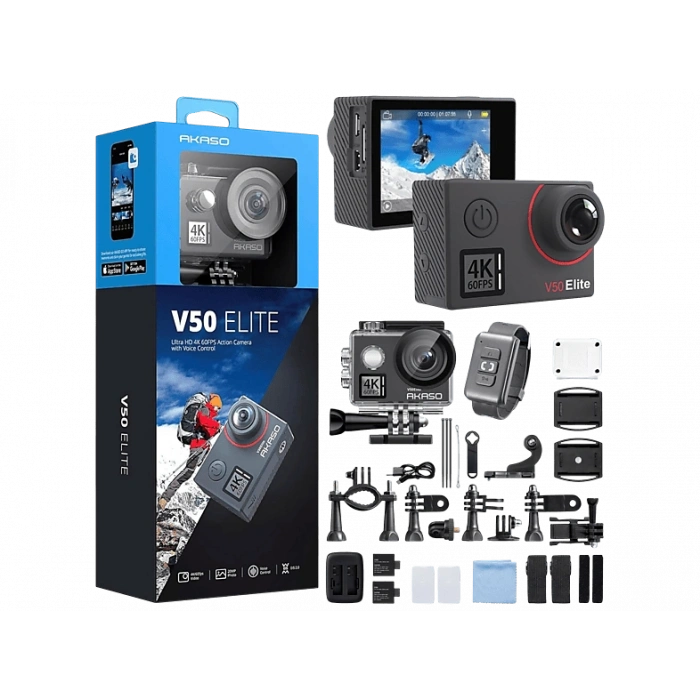 AKASO V50 Elite 4K/60FPS 20MP Wi-Fi Aksiyon Kamera ve Aksesuar Seti Siyah