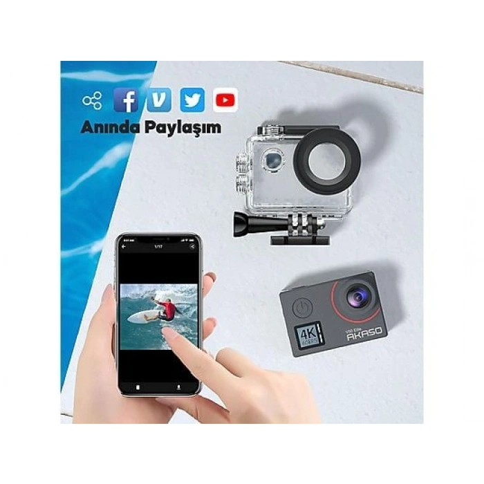 AKASO V50 Elite 4K/60FPS 20MP Wi-Fi Aksiyon Kamera ve Aksesuar Seti Siyah