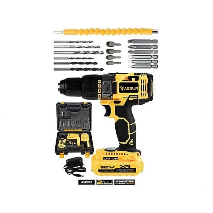 ASSUR 12V Metal Şanzıman Çift Akülü Bakır Sargı Şarjlı Matkap Akülü Vidalama