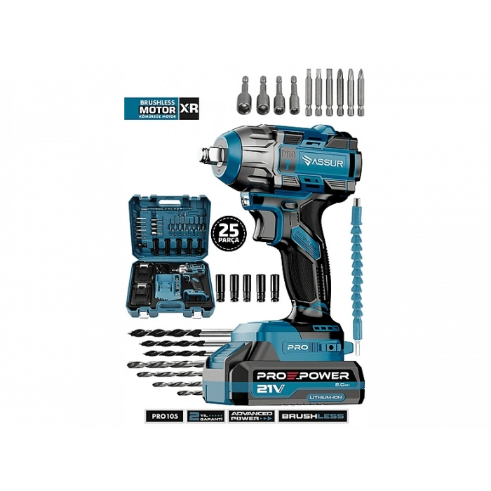 ASSUR Pro 21V Çift Akülü Vidalama Çelik Mandren Kömürsüz Motor Şarjlı Darbeli Matkap