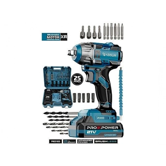 ASSUR Pro 21V Çift Akülü Vidalama Çelik Mandren Kömürsüz Motor Şarjlı Darbeli Matkap