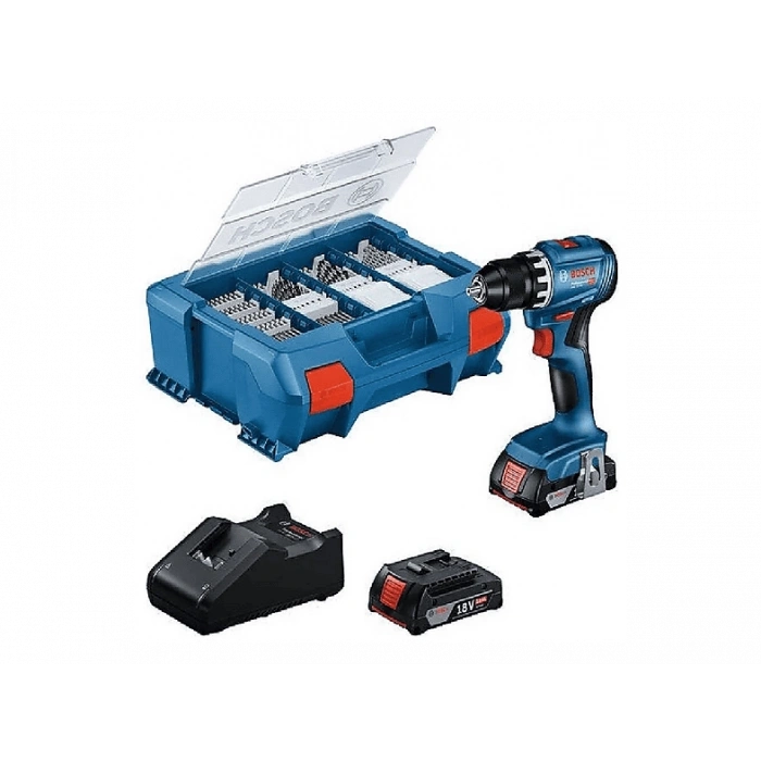 BOSCH GSB 18V-45 63 Parça Aksesuar Seti Çift Akülü 2.0Ah Darbeli Akülü Vidalama