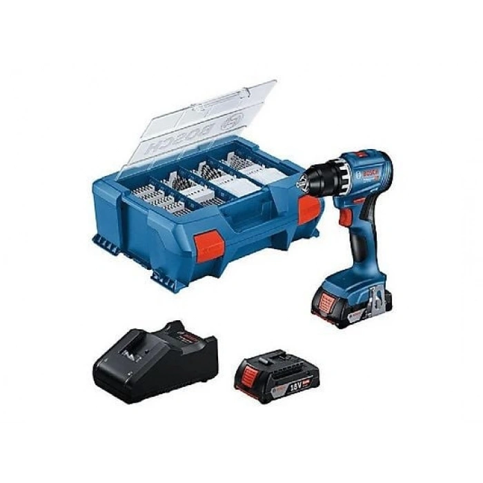 BOSCH GSB 18V-45 63 Parça Aksesuar Seti Çift Akülü 2.0Ah Darbeli Akülü Vidalama