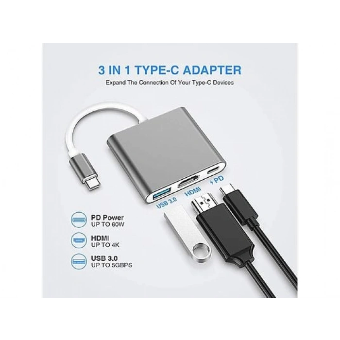 DAYTONA FC01 3 in 1 Type C HDMI USB Multi Adaptör Silver