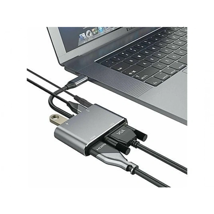 DAYTONA FC02 4 in 1 USB C to HUB PD HDMI VGA USB Adaptör Gri
