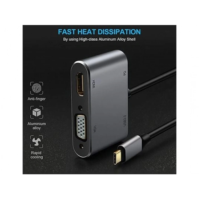 DAYTONA FC02 4 in 1 USB C to HUB PD HDMI VGA USB Adaptör Gri
