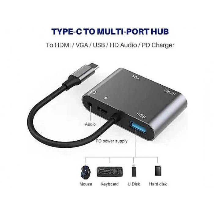 DAYTONA FC02 4 in 1 USB C to HUB PD HDMI VGA USB Adaptör Gri