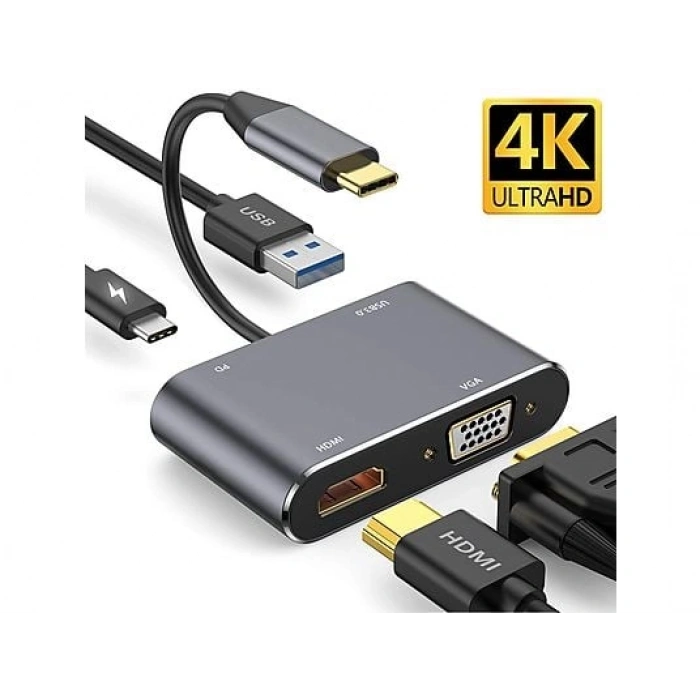 DAYTONA FC02 4 in 1 USB C to HUB PD HDMI VGA USB Adaptör Gri