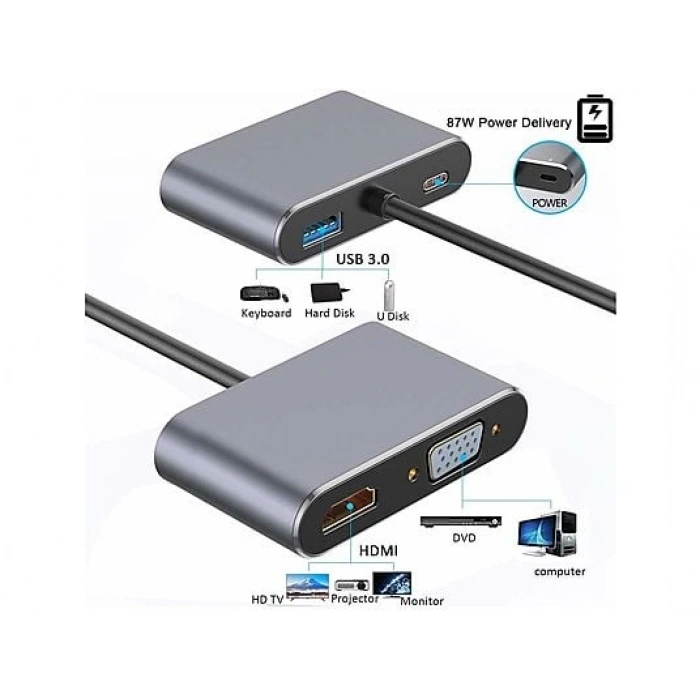 DAYTONA FC02 4 in 1 USB C to HUB PD HDMI VGA USB Adaptör Gri