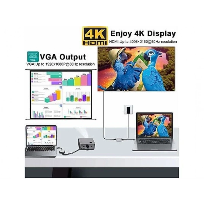 DAYTONA FC02 4 in 1 USB C to HUB PD HDMI VGA USB Adaptör Gri