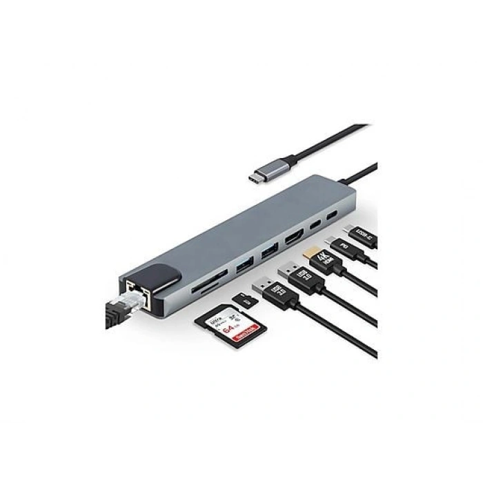 DAYTONA FC10 8 in 1 Type C to 2 Port USB 3.0 2 SD TF HDMI RJ45 2PD Kablolu Adaptör