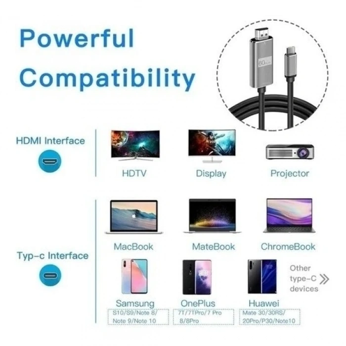 DAYTONA Hc-01 Type-C To 4K HDMI Görüntü Aktarım Kablosu Gri