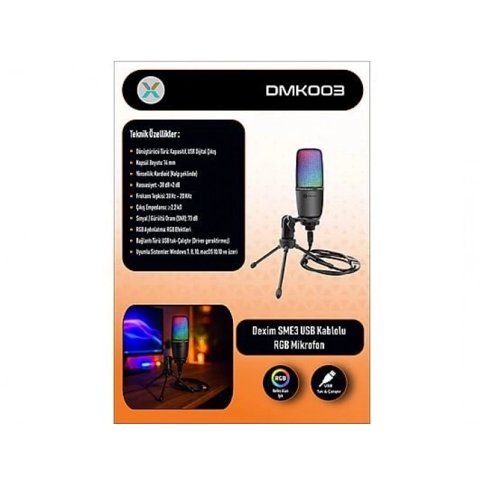 DEXIM DMK003 RGB Tripodlu PC/PS5 Uyumlu Oyuncu ve Yayıncı Mikrofonu Siyah