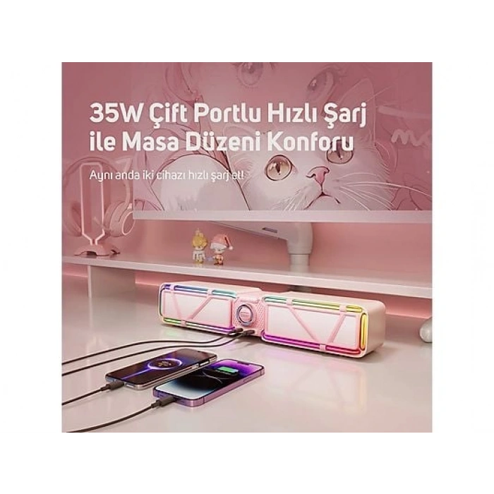 DIVOOM D-Base 30W RGB Işıklı Çift Portlu 35W Hızlı Şarj Masaüstü Gaming Bluetooth Hoparlör Pembe
