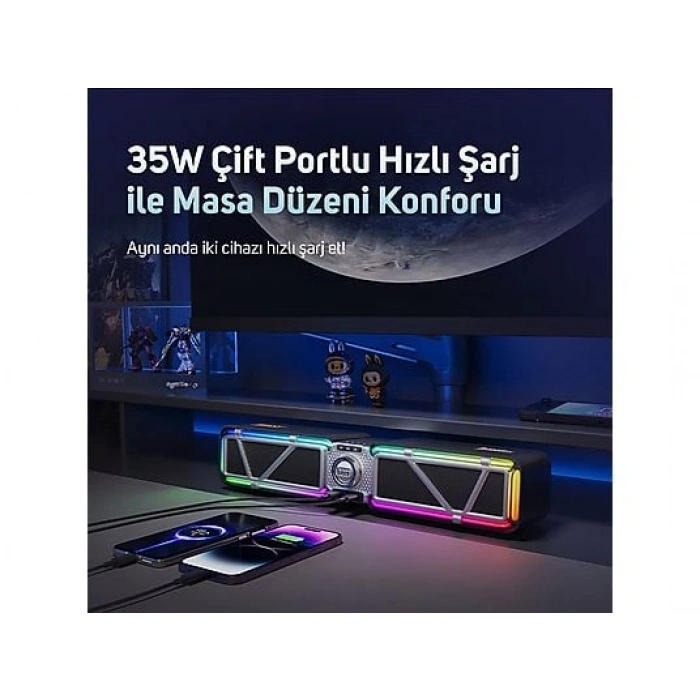 DIVOOM D-Base 30W Rgb Işıklı Çift Portlu 35W Hızlı Şarj Masaüstü Gaming Bluetooth Hoparlör Siyah
