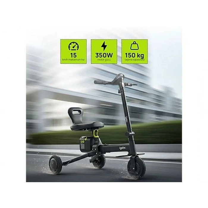 IGOFOR 3 Tekerlekli Katlanabilir Oturulabilir Hafif, Taşınabilir, Uzun Menzilli km Elektirikli Scooter Siyah
