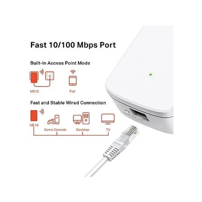 MERCUSYS ME10 Wi-Fi 4 Menzil Genişletici | N300 Mbps | 1×10/100 Ethernet | Access Point Modu | Kolay Kurulum | Mobil Uygulama