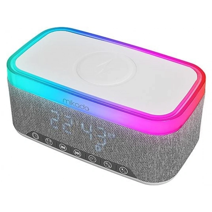MIKADO MD-W8 1200mAh 10W Bluetooth-Usb-Kablosuz Şarj RGB-Gece Lambası Özellikli Alarmlı Bluetooth Hoparlör Beyaz