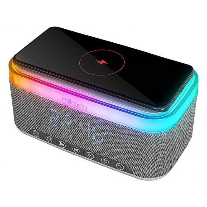 MIKADO MD-W8 1200mAh 10W Bluetooth-Usb-Kablosuz Şarj RGB-Gece Lambası Özellikli Alarmlı Bluetooth Hoparlör Beyaz