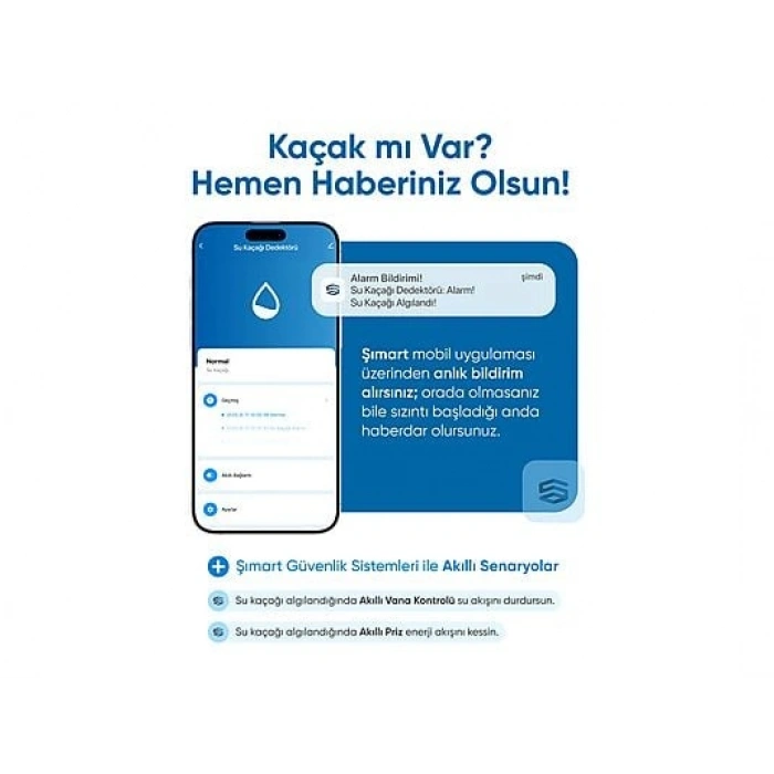 ŞIMART Problu 100 dB Alarm Sesli Uygulama Bildirimli Akıllı Su Kaçağı Dedektörü