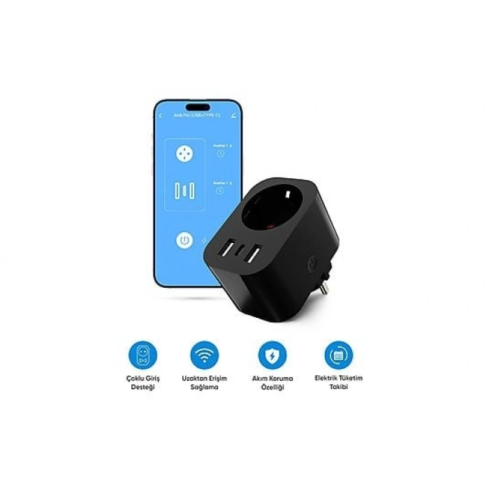 ŞIMART USB Type-C Akım Korumalı Uzaktan Kontrol Wi-Fi Akıllı Priz
