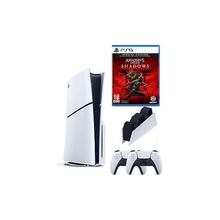 SONY 2 Kol Dualsense +Şarj İstasyonu +Assasins Creed Shadows+PS5 Slim Cdli (İthalatçı Garantili) Oyun Konsolu Beyaz