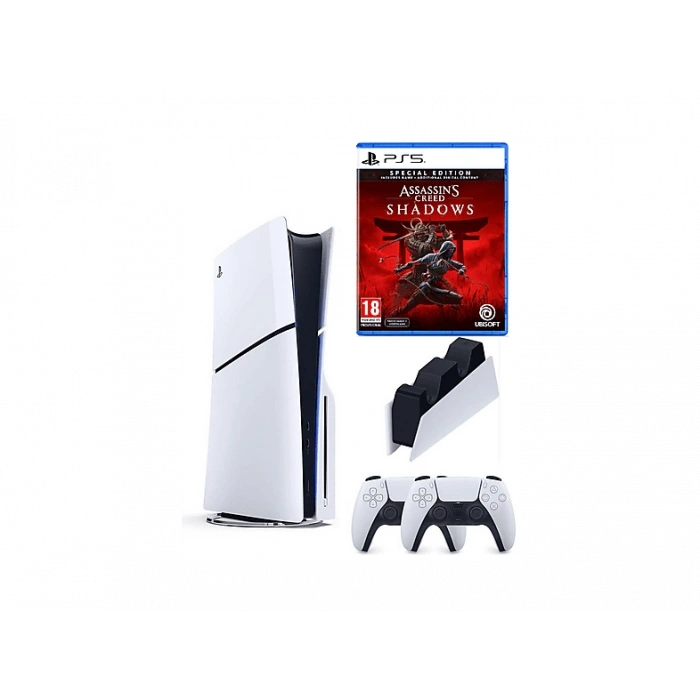 SONY 2 Kol Dualsense +Şarj İstasyonu +Assasins Creed Shadows+PS5 Slim Cdli (İthalatçı Garantili) Oyun Konsolu Beyaz