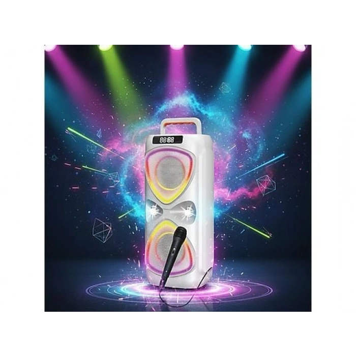 TORIMA D78 Mikrofonlu LED Işıklı 8W+8W Parti Speaker Kablosuz Bluetooth Hoparlör Beyaz