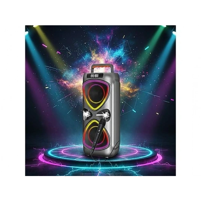TORIMA D78 Mikrofonlu LED Işıklı 8W+8W Parti Speaker Kablosuz Bluetooth Hoparlör Gri