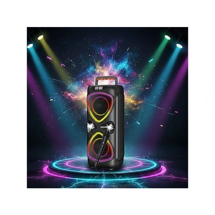 TORIMA D78 Mikrofonlu LED Işıklı 8W+8W Parti Speaker Kablosuz Bluetooth Hoparlör Siyah