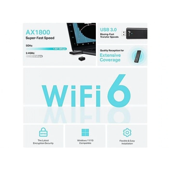 TP-LINK Archer TX20U | Wi-Fi 6 USB Adaptör | AX1800 Mbps | Çift Bant | MU-MIMO | USB 3.0 | WPA3 | Kolay Kurulum