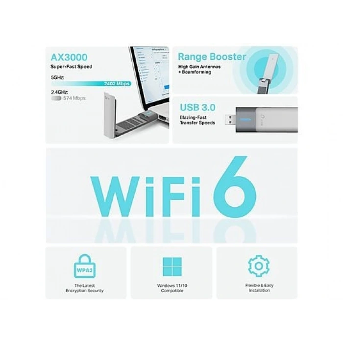 TP-LINK Archer TX50UH | Wi-Fi 6 USB Adaptör | AX3000 Mbps | USB 3.0 | Beamforming | MU-MIMO | Oyun | WPA3 | Kolay Kurulum