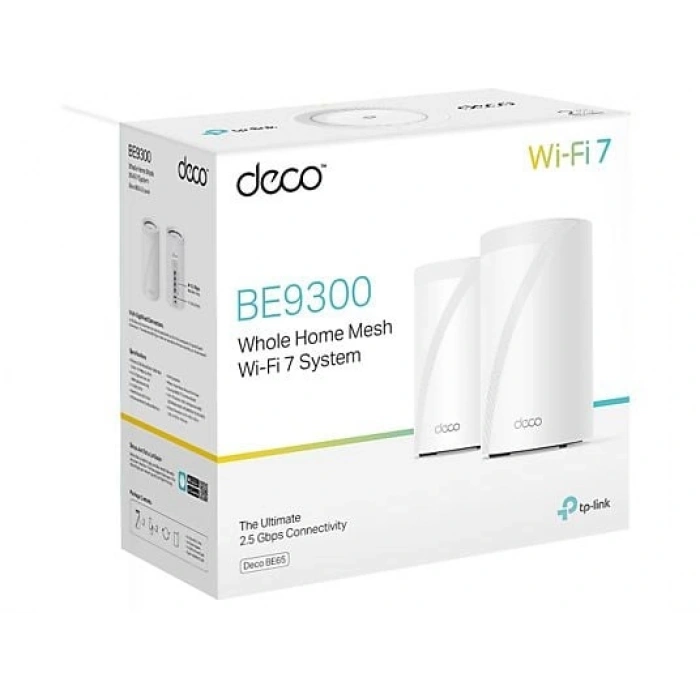 TP-LINK Deco BE65 (2-Pack) | Wi-Fi 7 Mesh | BE9300 Mbps | Fiber Destekli | Üç Bant | AI-Roaming | 2.5 Gbps | 6 GHz | 200 Cihaz | WPA3 | VPN | Mobil Kurulum